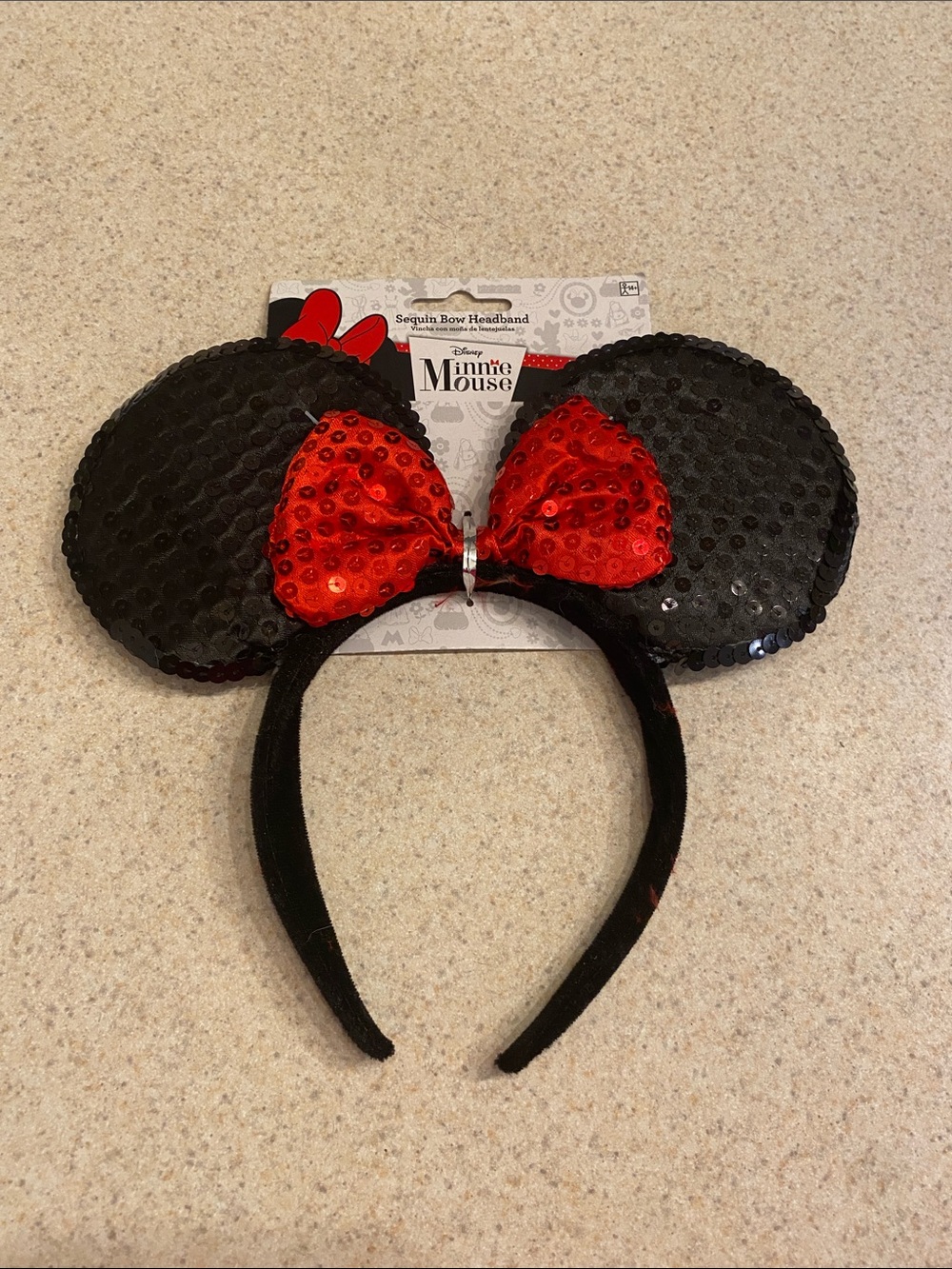 Disney Minnie Mouse Sequin Headband Ears Bow Sparkly Black Red NEW